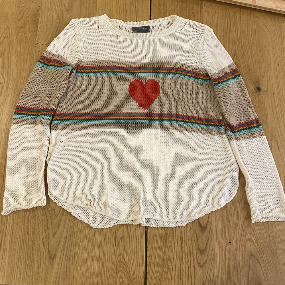 Anthropologie Wooden Ships Sweater Heart Accent Stripes Open Knit XS *